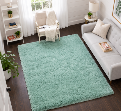2 inch long pile Elegant Light Green Silk Touch Rug – Soft Comfort with Anti-Slip Backing