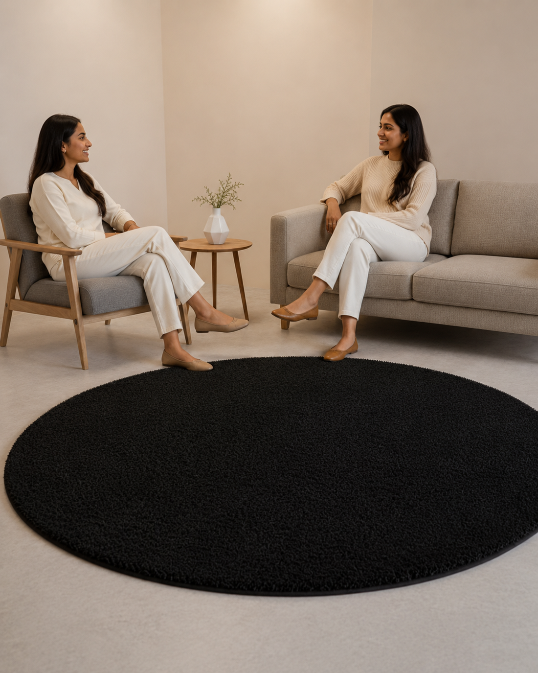 KashyapaRugs black extra fluffy soft round carpet – 2-inch long pile plush shaggy texture, solid black premium luxury design, anti-skid rubber backing