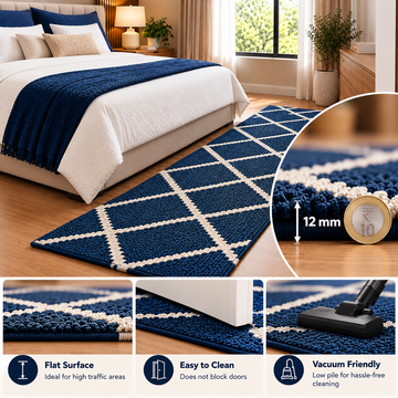 Premium Navy Blue with Ivory Geometric Pattern Bedside Runner – 12 mm Low Pile, Soft Feel