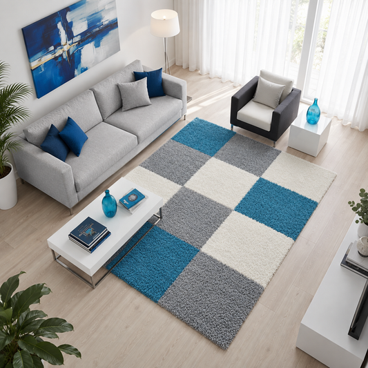 Handwoven Shag Collection Super Soft Microfiber Silk Touch Living Room Rug – Ivory, Grey & Aqua – Soft Feel with Anti-Skid Backing