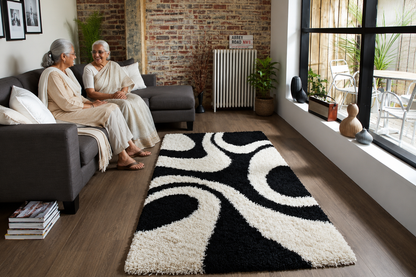 Black & White Microfiber Living Room Shaggy Carpet