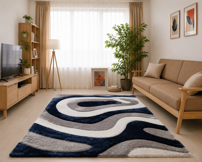 Dark Blue & White Luxurious Carpets Super Soft & Plush Modern 3D Style Shaggy Rug for Living Room Bedroom and Hall
