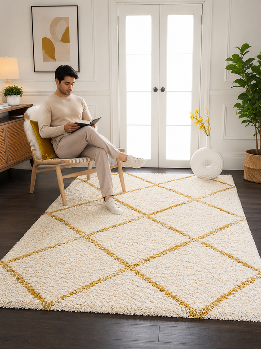 Yellow & Cream Moroccan Design Microfiber Carpet – Soft Feel with Anti-Skid Rubber Backing