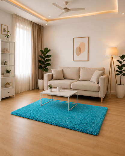 2 inch long pile Sky Blue & White Shaggy Carpet – Soft Feel with Anti-Skid Rubber Backing