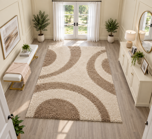 Ivory with Beige Shaggy Carpet – Soft Feel with Anti-Skid Backing, Microfiber Hand Tufted