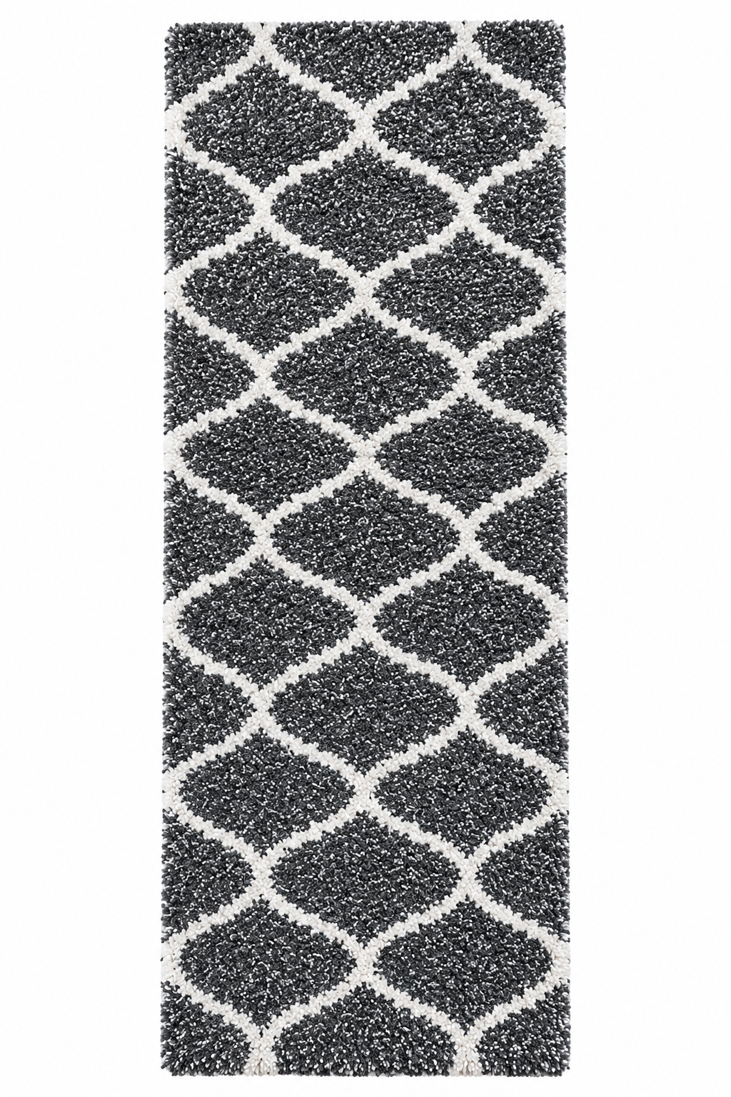 Grey & Ivory Moroccan Pattern Shaggy Runner  – Soft Feel with Anti-Skid Backing