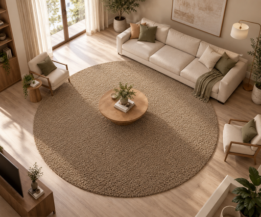 Beige Colour Soft Microfiber Round Carpet – 2 inch Extra Fluffy long pile Premium Quality & Anti-Skid Backing