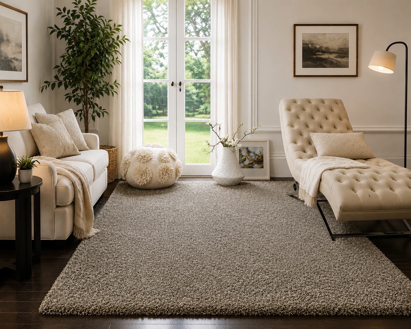 Ivory & Grey 2 inch long pile Shaggy Rug – Luxurious Hand-Tufted Microfiber Carpet – Extra Soft Feel with Anti-Skid Rubber Backing