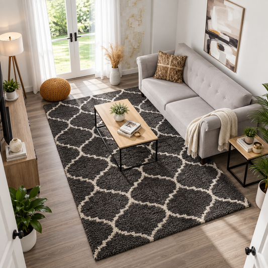Premium Dark Grey and Ivory Moroccan Pattern Microfiber Rug – Plush Comfort, Non-Slip Backing