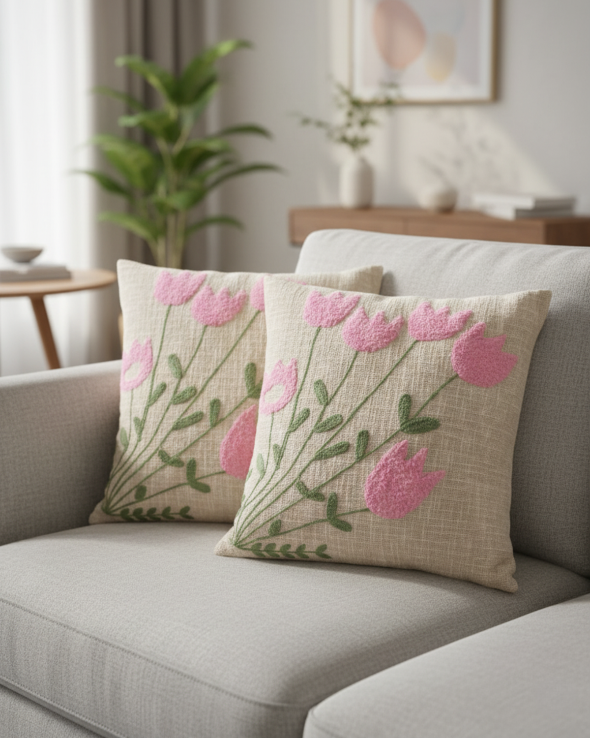 Pink Floral Embroidered Cushion Cover | Decorative Throw Pillow Cover for Sofa & Living Room
