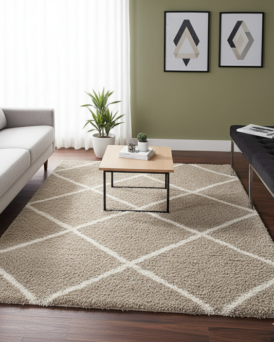 Ivory & Beige Diamond Shaggy Rug – Soft Feel with Anti-Skid Rubber Backing