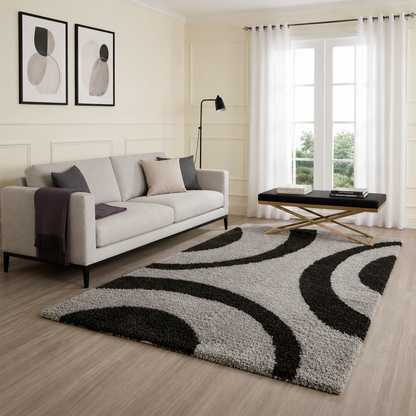 Black & Grey Abstract Pattern Microfiber Carpet – Luxurious Soft Touch, Anti-Skid Base