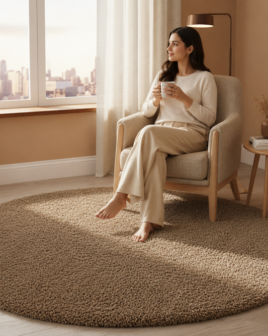 Beige Mouse Colour Soft Microfiber Round Carpet – 2 inch long pile Premium Quality & Anti-Skid Rubber Backing