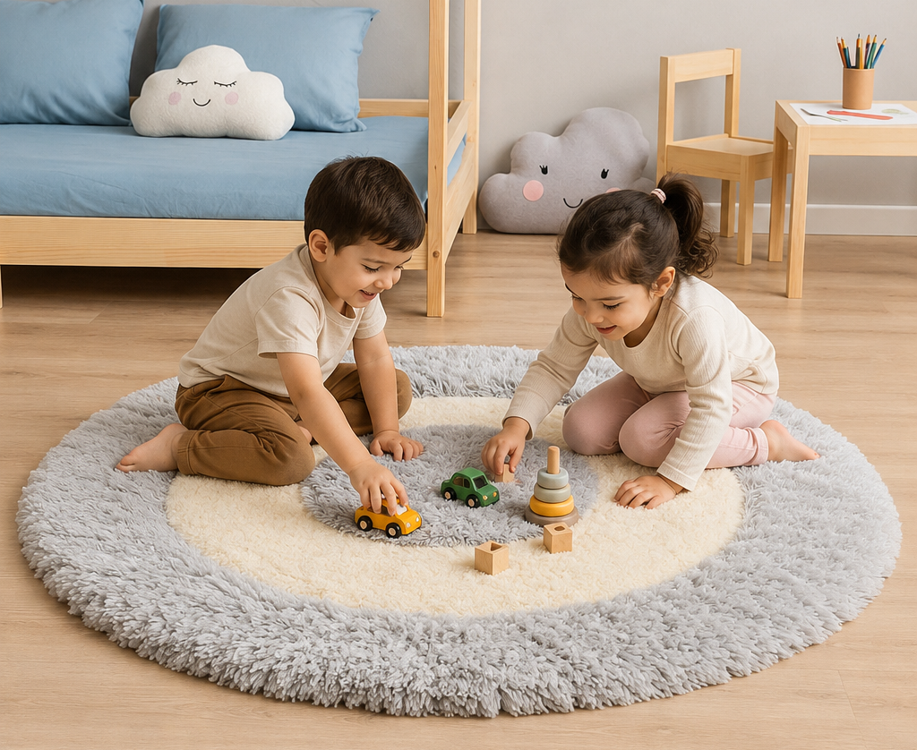 KashyapaRugs grey and white shaggy round carpet – ultra-soft plush texture with vibrant grey and white pattern for bedrooms, living rooms and kids' play areas, anti-skid rubber backing