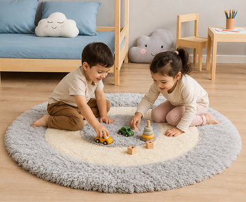 KashyapaRugs grey and white shaggy round carpet – ultra-soft plush texture with vibrant grey and white pattern for bedrooms, living rooms and kids' play areas, anti-skid rubber backing
