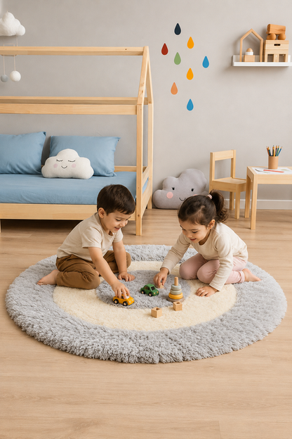 Grey & White Shaggy Round Carpet - Soft Feel with Anti-Skid Rubber Backing