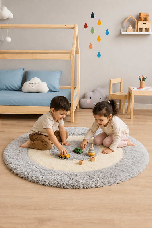 Grey & White Shaggy Round Carpet - Soft Feel with Anti-Skid Rubber Backing