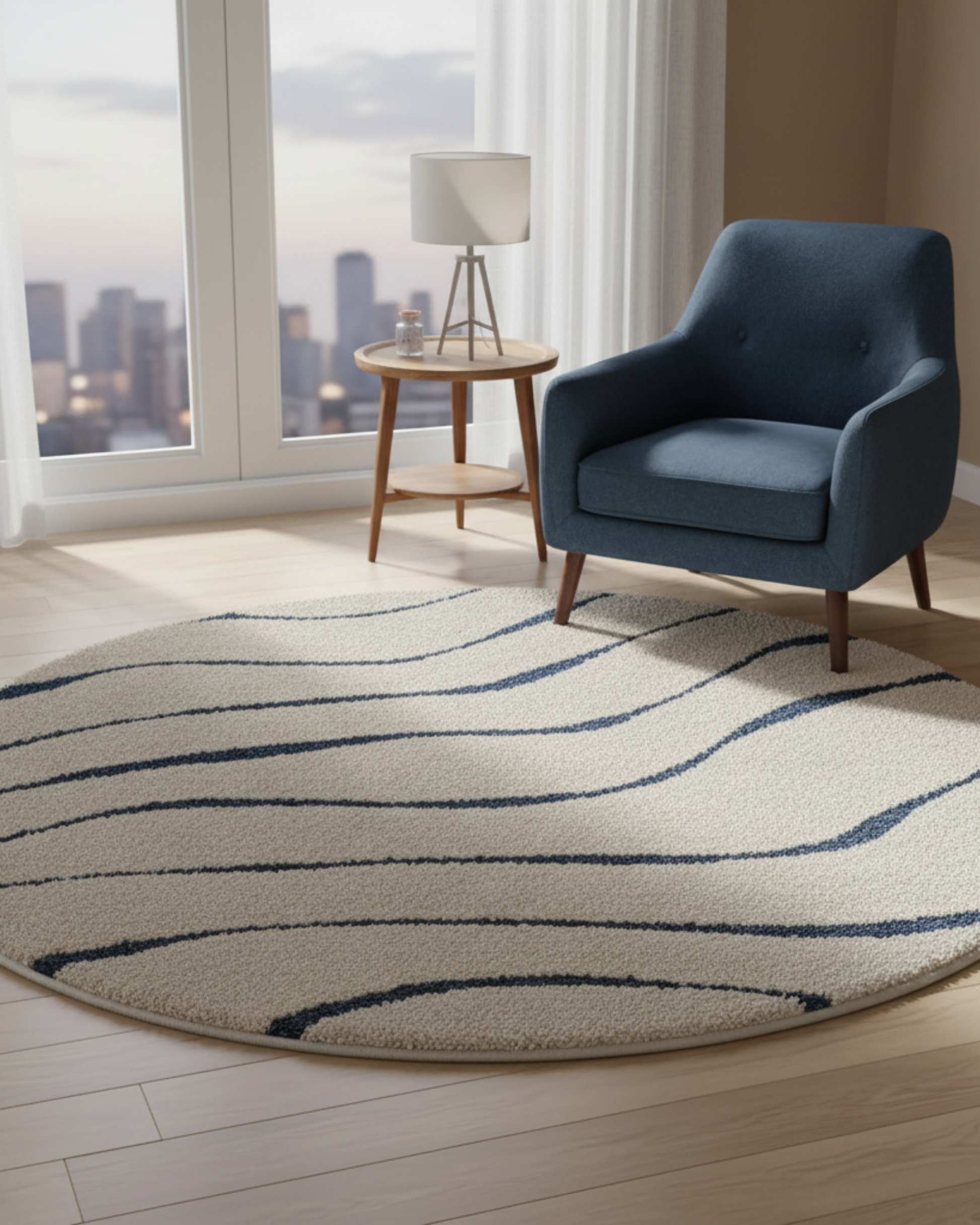 Elegant Ivory & Blue Soft Shaggy Round Carpet – Soft Feel with