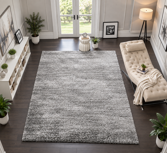 Premium Plain Silver Grey Fluffy Living Room Rug – Silk Touch & Super Soft – Anti-Skid Backing