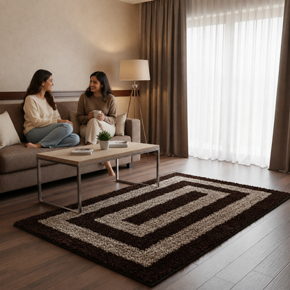 Brown & Beige Square Pattern Shaggy Rug – Soft Feel with Anti-Skid Rubber Backing
