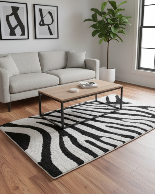 Black & White Zebra Print Microfiber Carpet – Soft Feel with Anti-Skid Rubber Backing