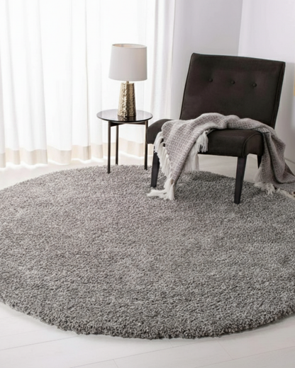 Premium Plain Grey 2 inch long pile Round Shaggy Carpet – Soft Touch & Anti-Skid Rubber Baking