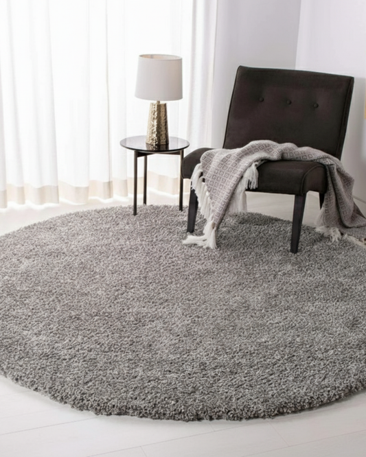 Premium Plain Grey 2 inch long pile Round Shaggy Carpet – Soft Touch & Anti-Skid Rubber Baking