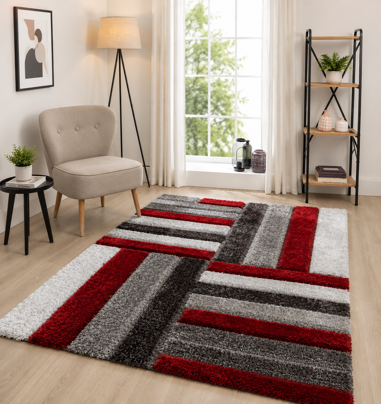 Red & Grey Geometric 3D Carved Design Super Soft Microfiber Modern Hand Tufted Floor Rug
