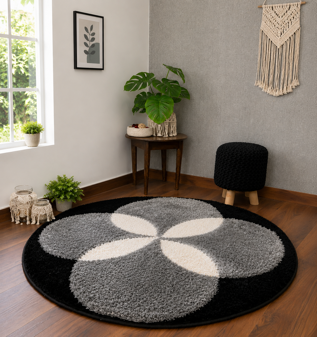 Black & Grey - Premium Soft Modern Round Shaggy Rug