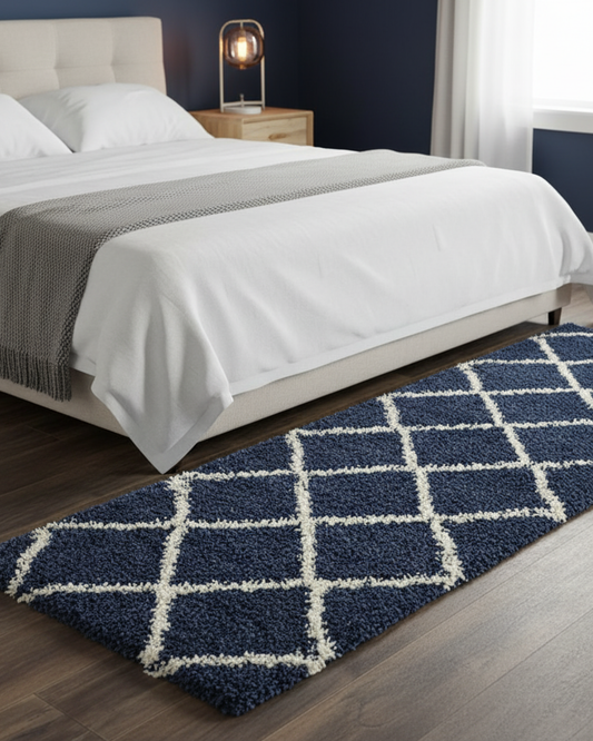 Blue & Ivory Moroccan Design Shaggy Bedside Runner – Soft Feel, Anti-Skid Rubber Backing