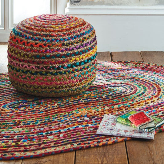 Braided Multi Chindi Pouf – Handmade with Natural Jute