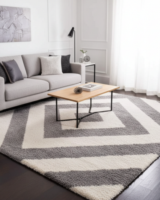 Elegant Cream and Grey Fluffy Moroccan Diamond Rug – Soft Touch with Anti-Slip Rubber Backing