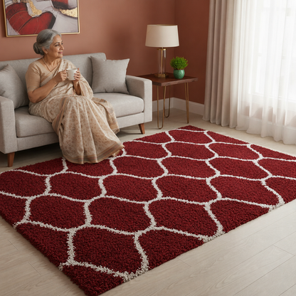 Moroccan Style Microfiber Carpet Runner Maroon & White Soft, Non-Slip, - Soft Feel, Anti-Skid Rubber Backing