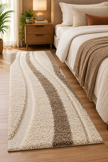 Ivory & Beige Abstract Striped Shaggy Runner Rug – Soft Feel with Anti-Skid Backing