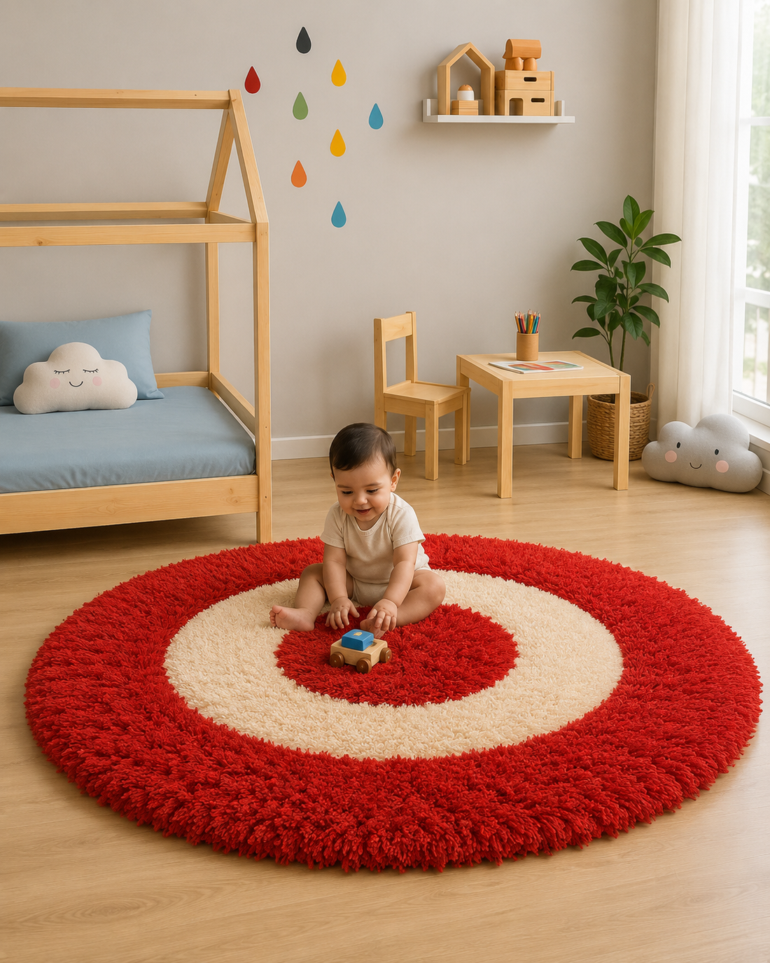KashyapaRugs premium red and white fluffy round carpet – bold red and white contrast design with plush microfiber pile, cozy eye-catching accent for modern interiors, anti-skid rubber backing