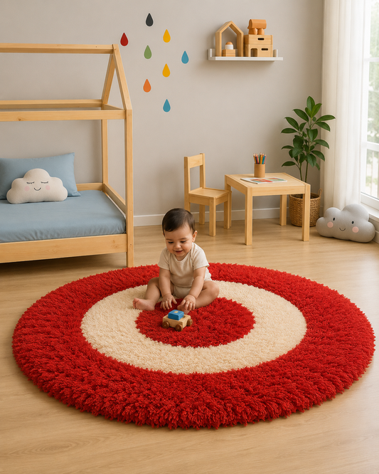 Premium Red and White Fluffy Round Carpet – Soft Touch & Anti-Skid Base