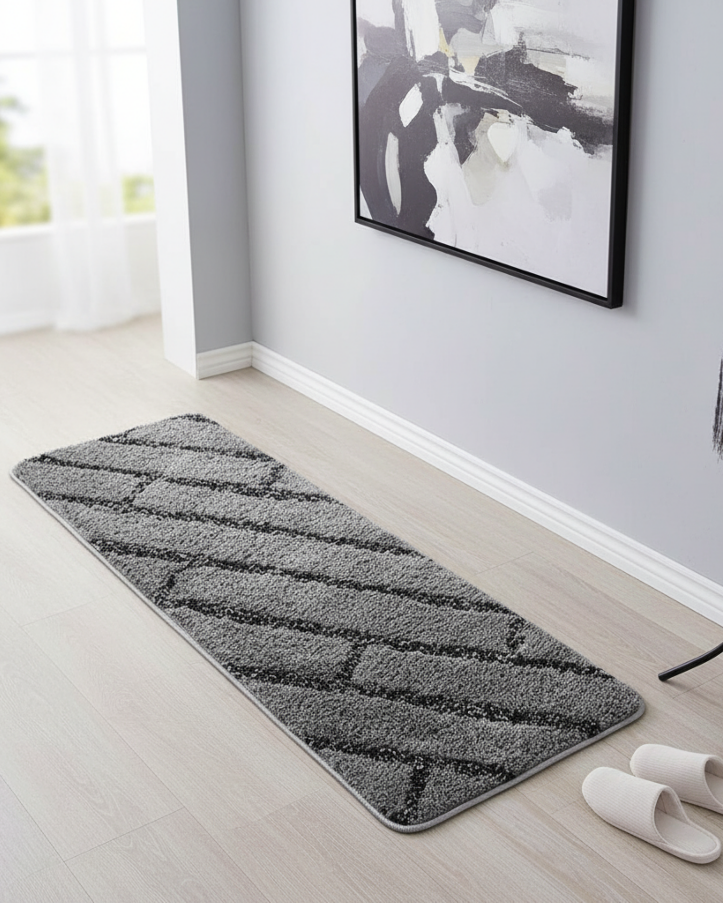 Grey & Black Super Soft Microfiber Polyester Shaggy Fluffy Hand tufted  Runner - Soft Feel, Anti-Skid Rubber Backing