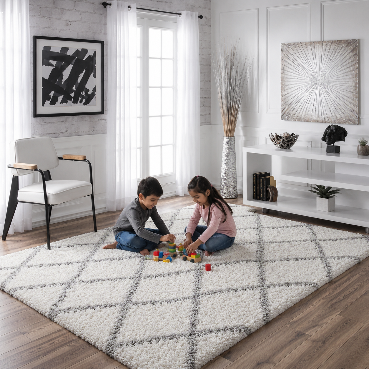 Premium Handmade Tufted Microfiber Carpet – Ivory & Grey Line – Soft Touch & Anti-Skid Base