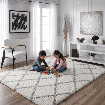 Premium Handmade Tufted Microfiber Carpet – Ivory & Grey Line – Soft Touch & Anti-Skid Base
