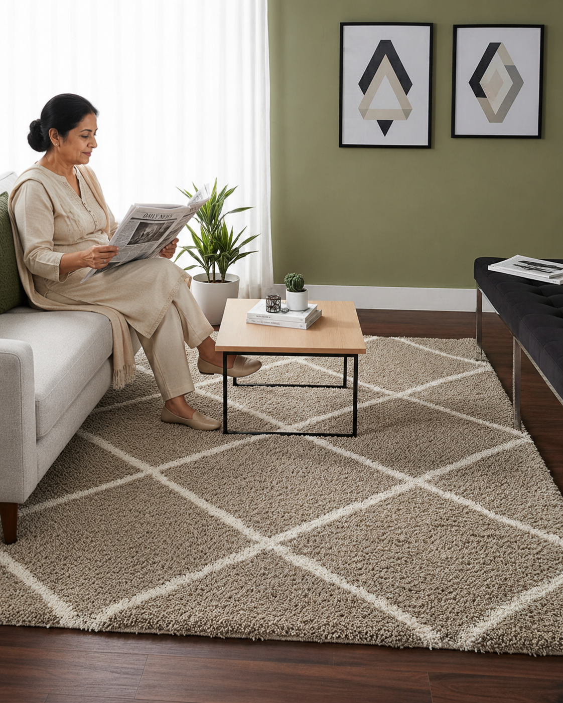 Ivory & Beige Diamond Shaggy Rug – Soft Feel with Anti-Skid Rubber Backing