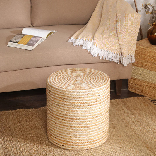 Handcrafted Jute Pouf – Natural with White Dori Detailing for Bedroom & Living Room