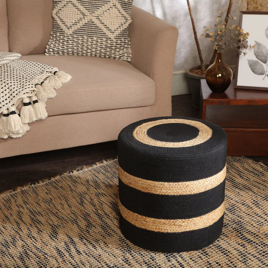 Woven Jute Pouf – Natural Texture with Black Touch for Bedroom & Living Room