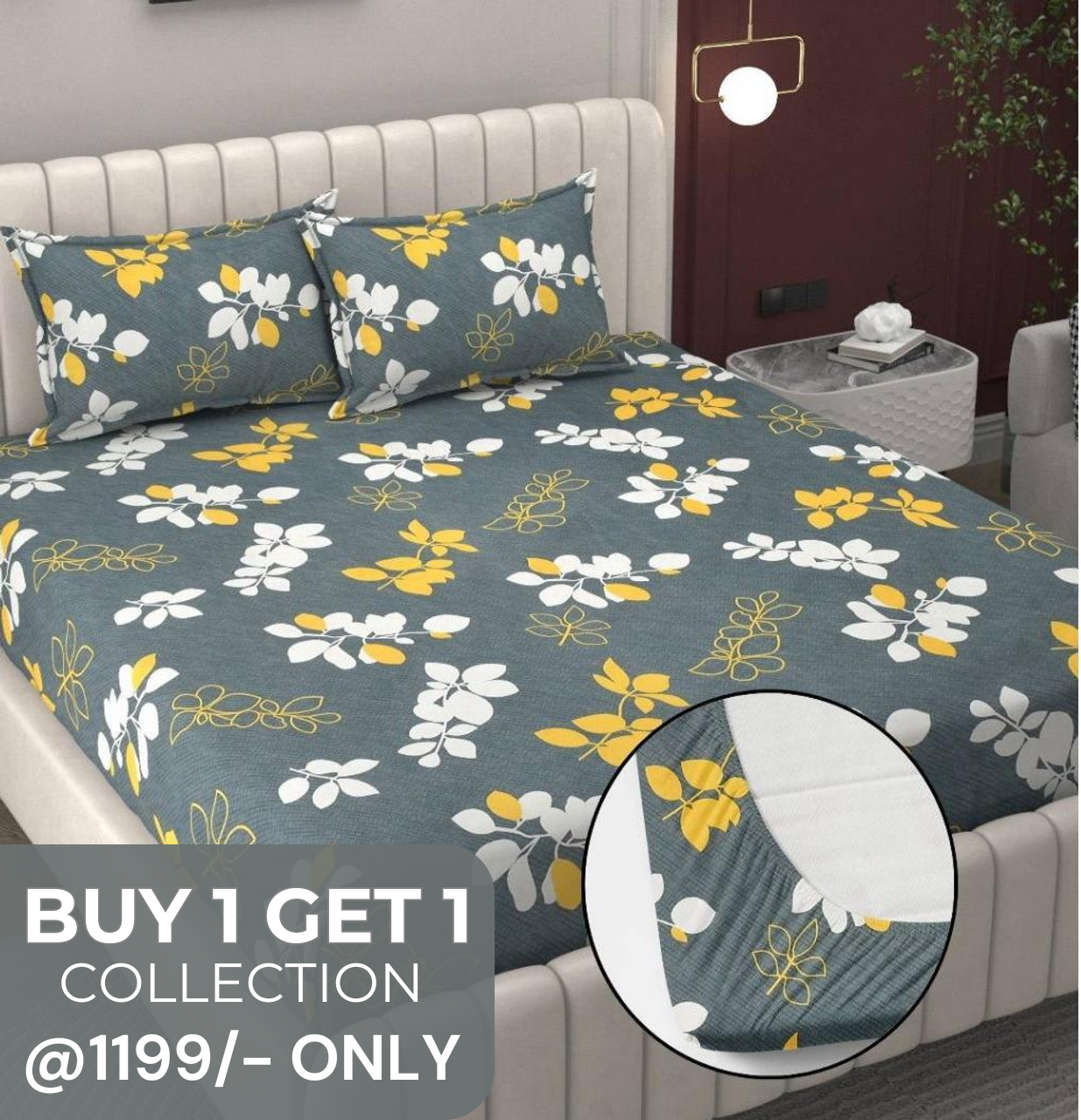 Kashyapa Rugs Microfiber King Printed Fitted (Elastic) Bedsheet  (Pack of 1 Bedsheet + 2 Pillow Covers, grey yellow)