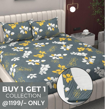 Kashyapa Rugs Microfiber King Printed Fitted (Elastic) Bedsheet  (Pack of 1 Bedsheet + 2 Pillow Covers, grey yellow)