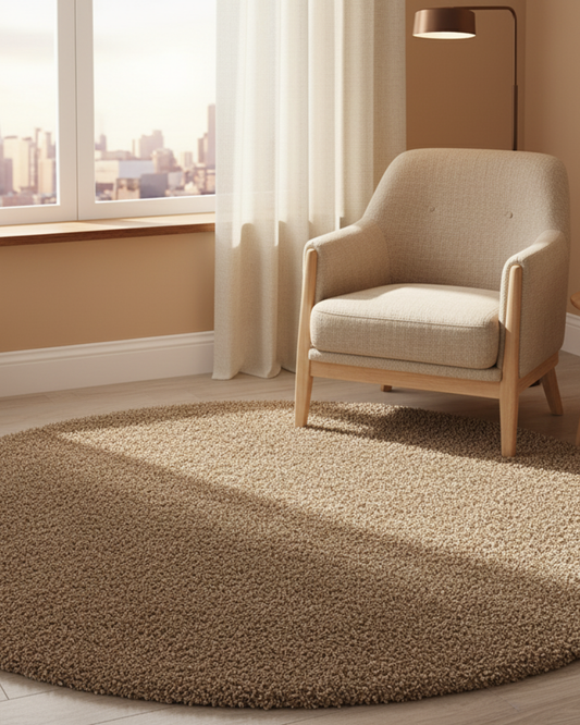 Beige Mouse Colour Soft Microfiber Round Carpet – 2 inch long pile Premium Quality & Anti-Skid Rubber Backing