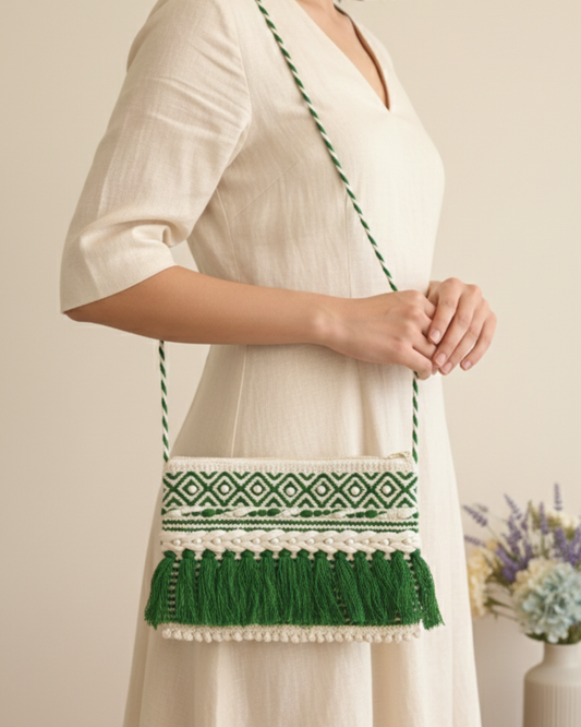 Handcrafted Boho Pearl Sling Bag – Green & Ivory