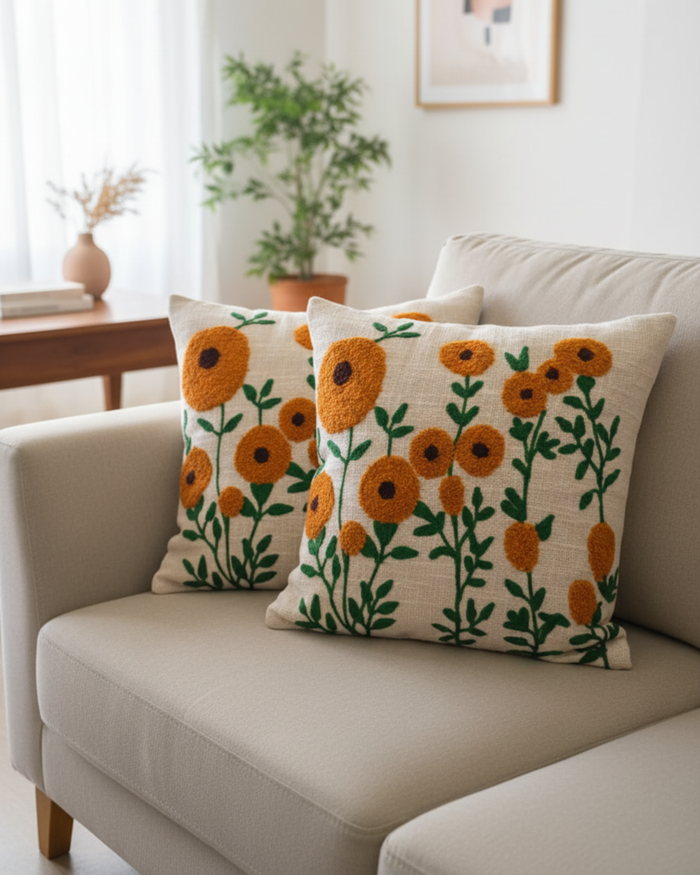 Orange Floral Embroidered Cushion Cover | Botanical Flower Design Decorative Pillow Cover for Sofa & Living Room