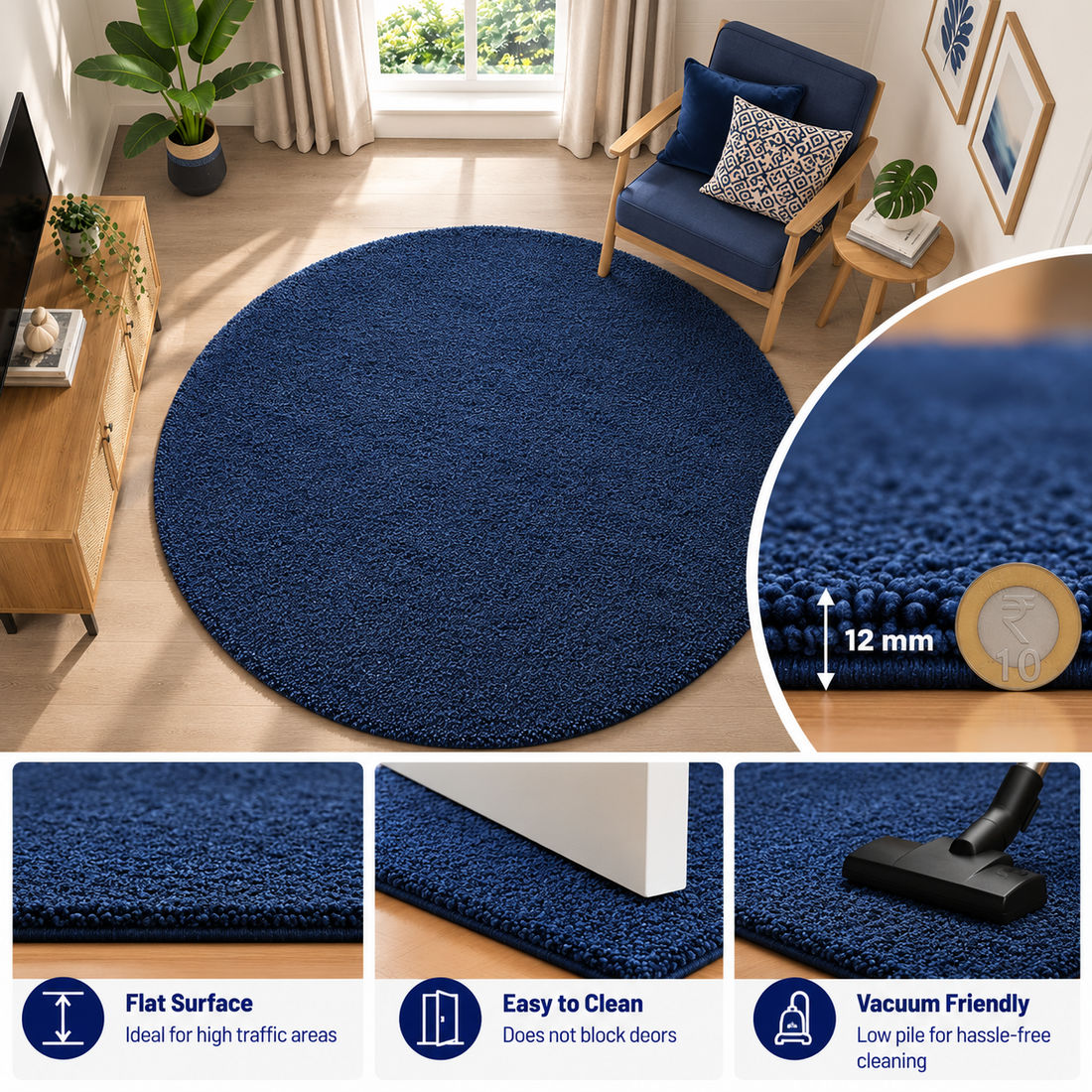 Premium Navy Blue Round Rug – 12 mm Low Pile, Soft Feel, Modern Elegant Design