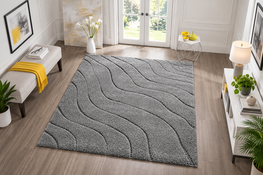 Luxury Grey Waves Shaggy Carpet – Ultra Soft Microfiber & Anti-Skid Backing