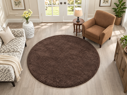 KashyapaRugs coffee 2-inch long pile premium extra fluffy round shaggy carpet – rich warm coffee brown tone with thick plush microfiber pile, round silhouette for cozy inviting interiors, anti-skid rubber backing